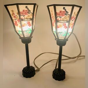 Pair of Japanese Floral Black Bonbori Table Lamps Hina Doll 11”T